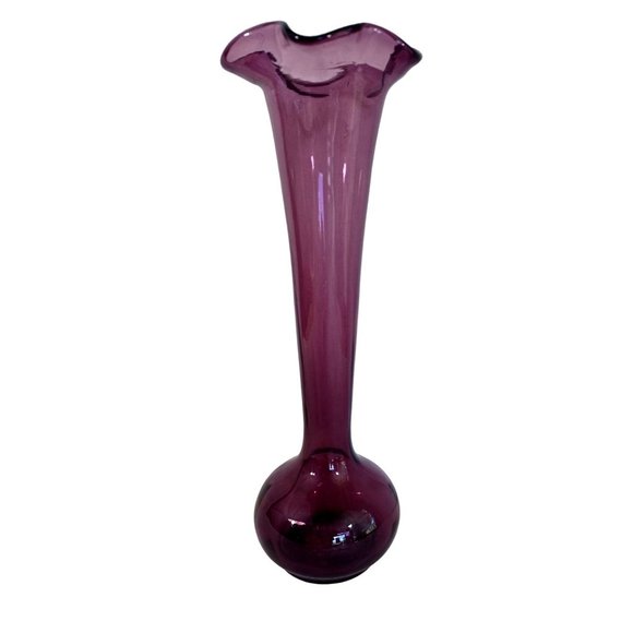 Vintage  Purple Hand Blown Glass Vase Ruffled Top Studio Art 9.25" x 3" Handmade - Picture 1 of 5
